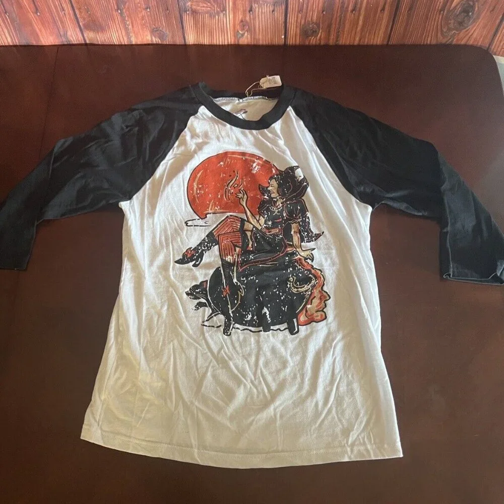 Halloween sexy‎ Witch white and black T-Shirt Long Sleeve Women size S,M,L